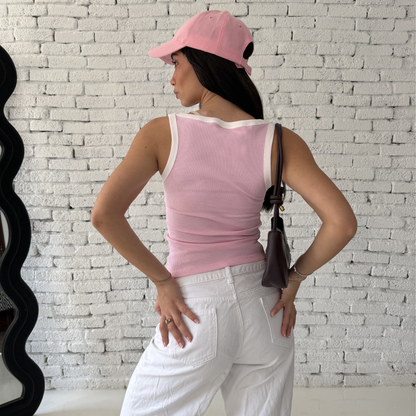 Pink & White Ribbed V-Tank top