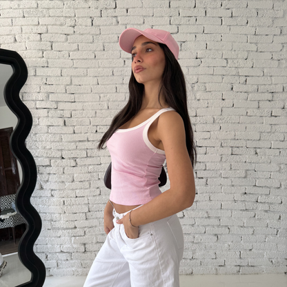 Pink & White Ribbed V-Tank top