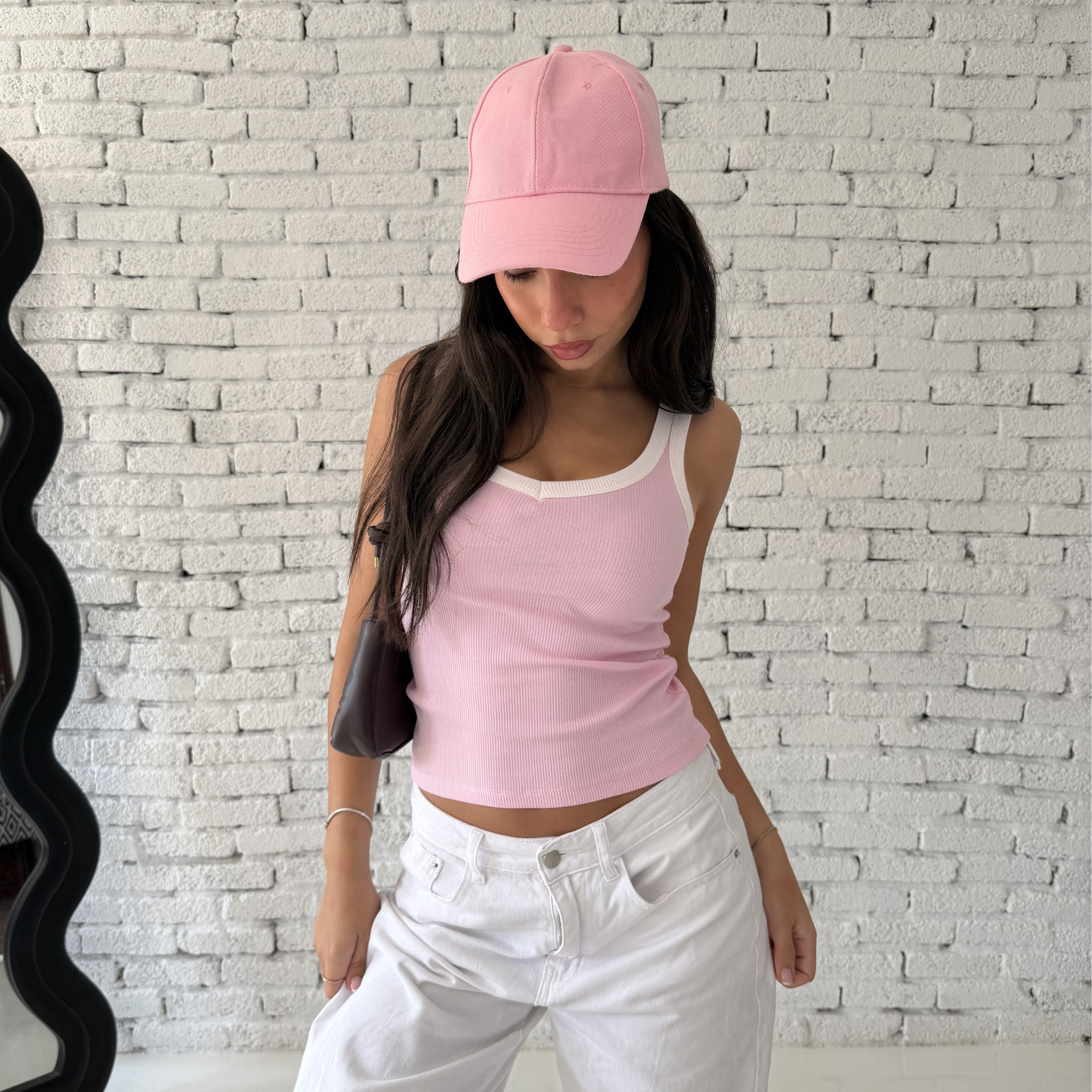 Pink & White Ribbed V-Tank top