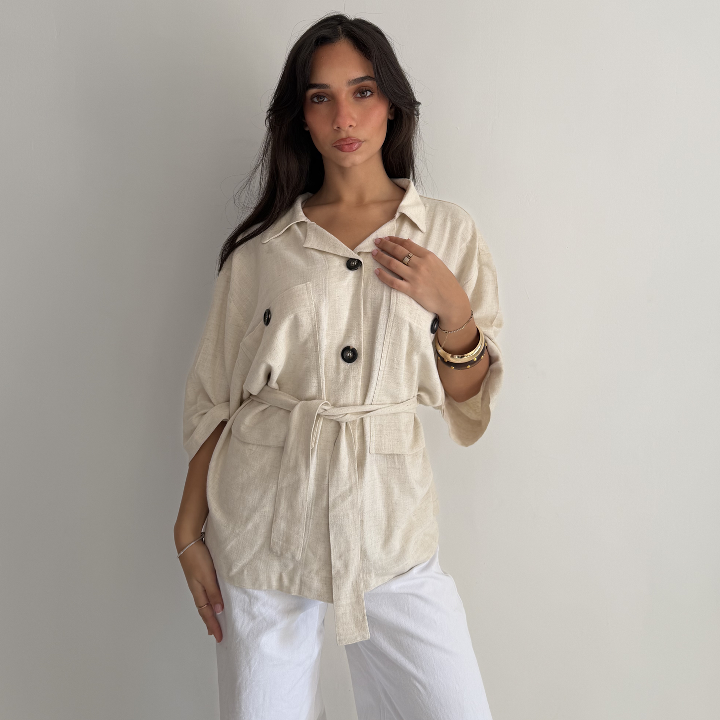 Belted Linen Biege Shirt