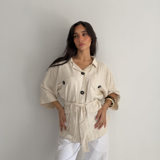 Belted Linen Biege Shirt