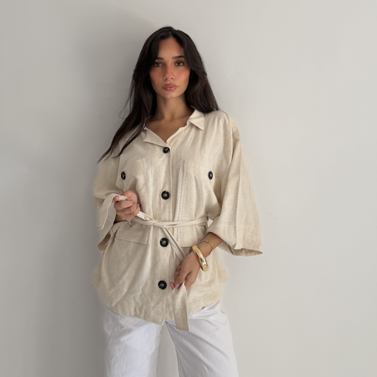 Belted Linen Biege Shirt