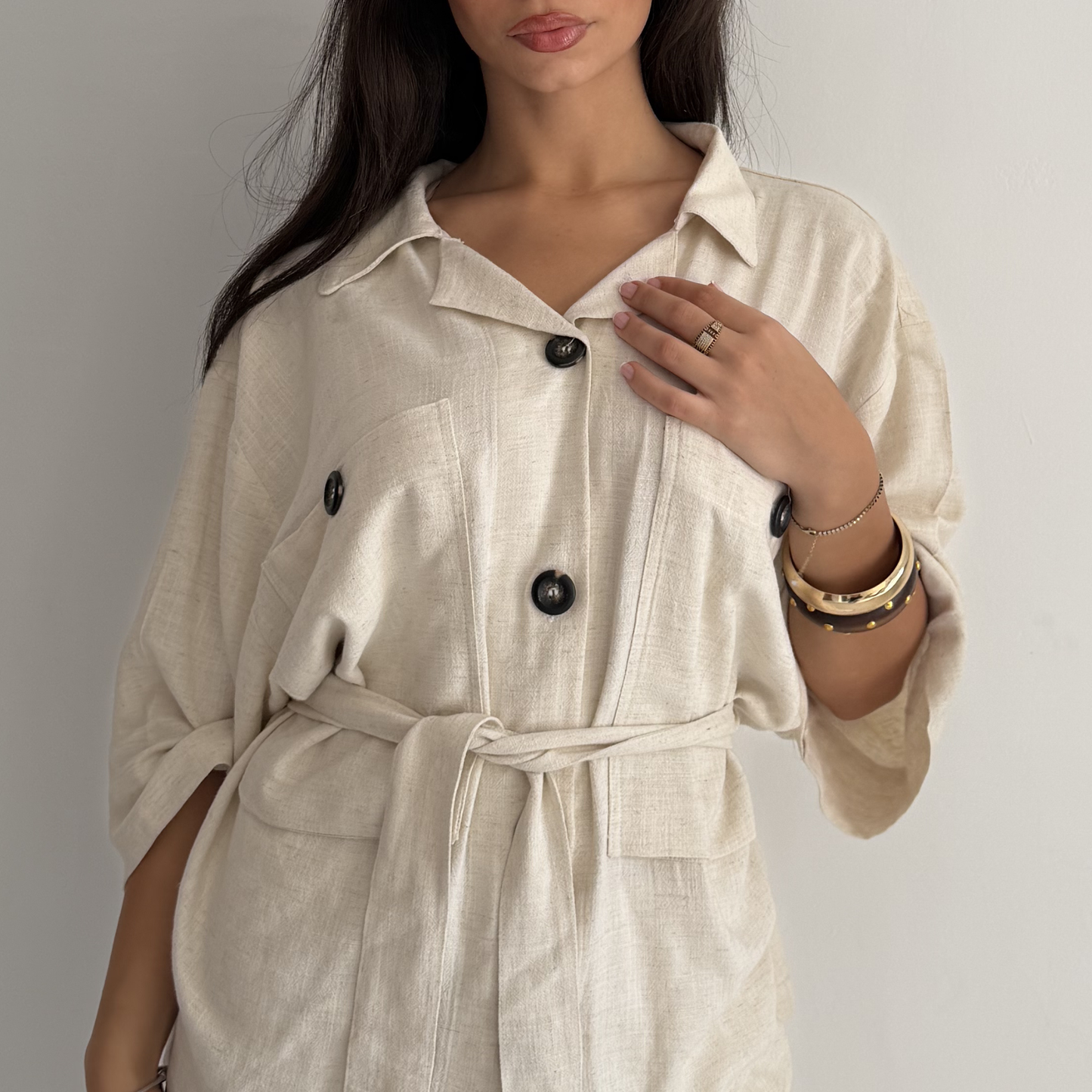 Belted Linen Biege Shirt
