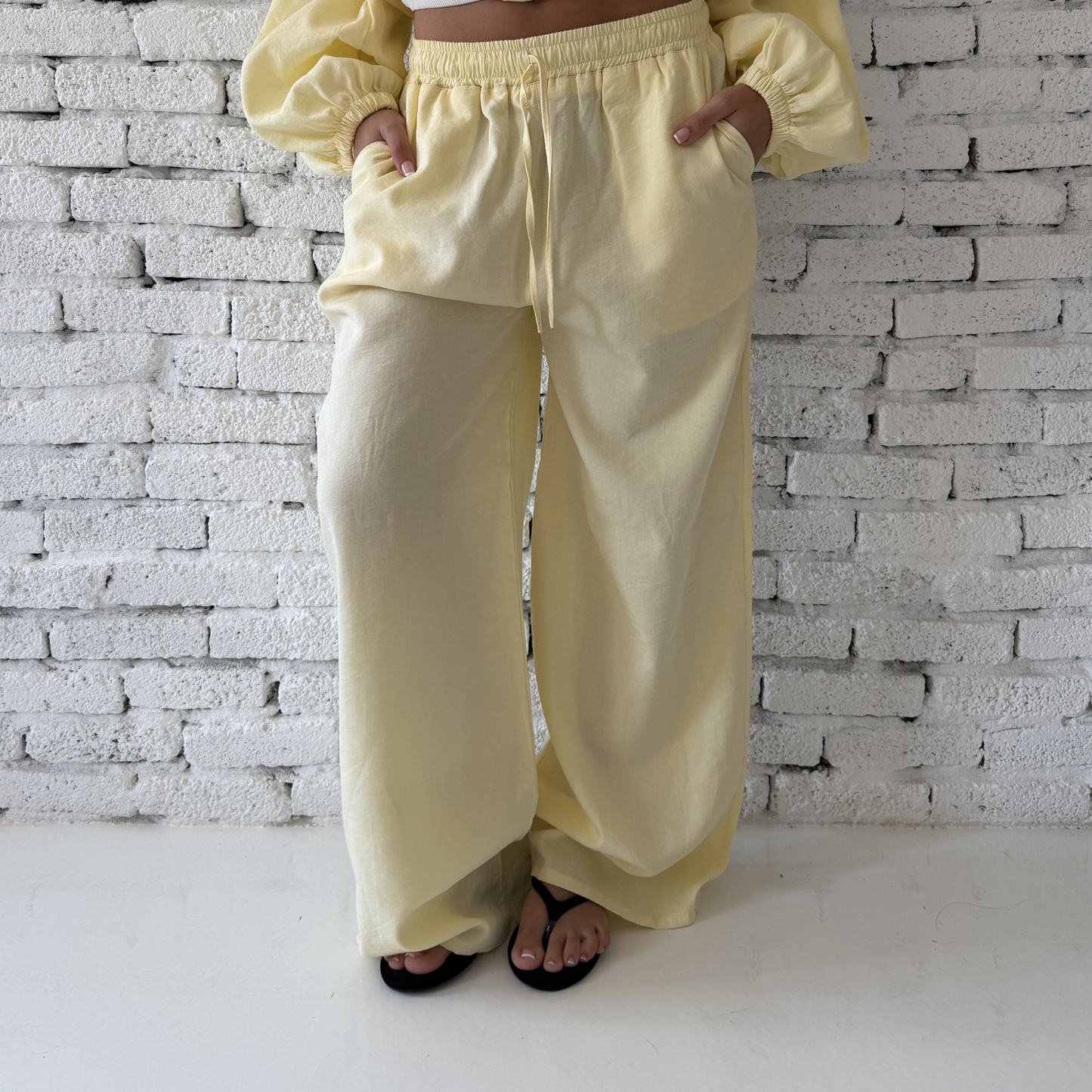 Yellow Wide-Leg Linen Pants