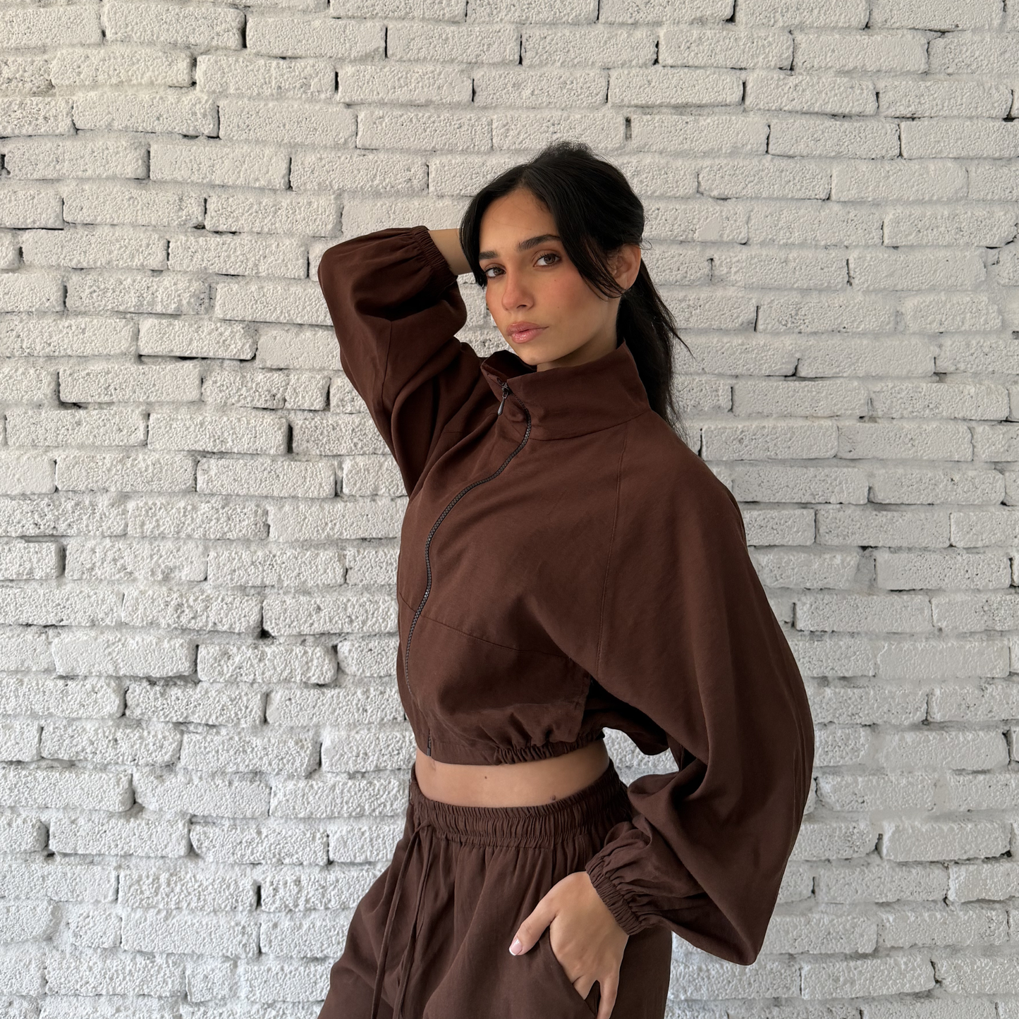 Brown Zip-Up Summer Linen Jacket
