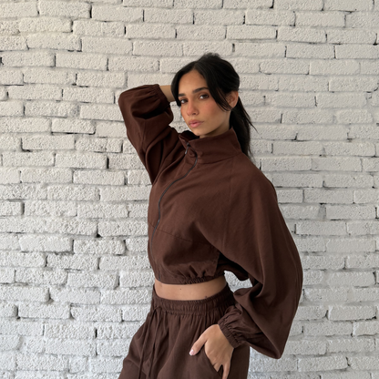 Brown Zip-Up Summer Linen Jacket
