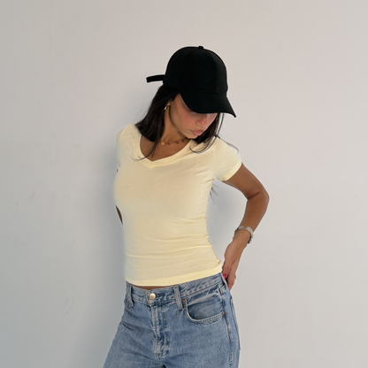 Butter Yellow  V-Neck Short Sleeves Top