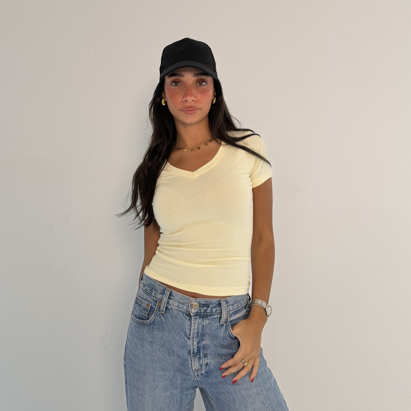 Butter Yellow  V-Neck Short Sleeves Top