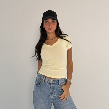 Butter Yellow  V-Neck Short Sleeves Top