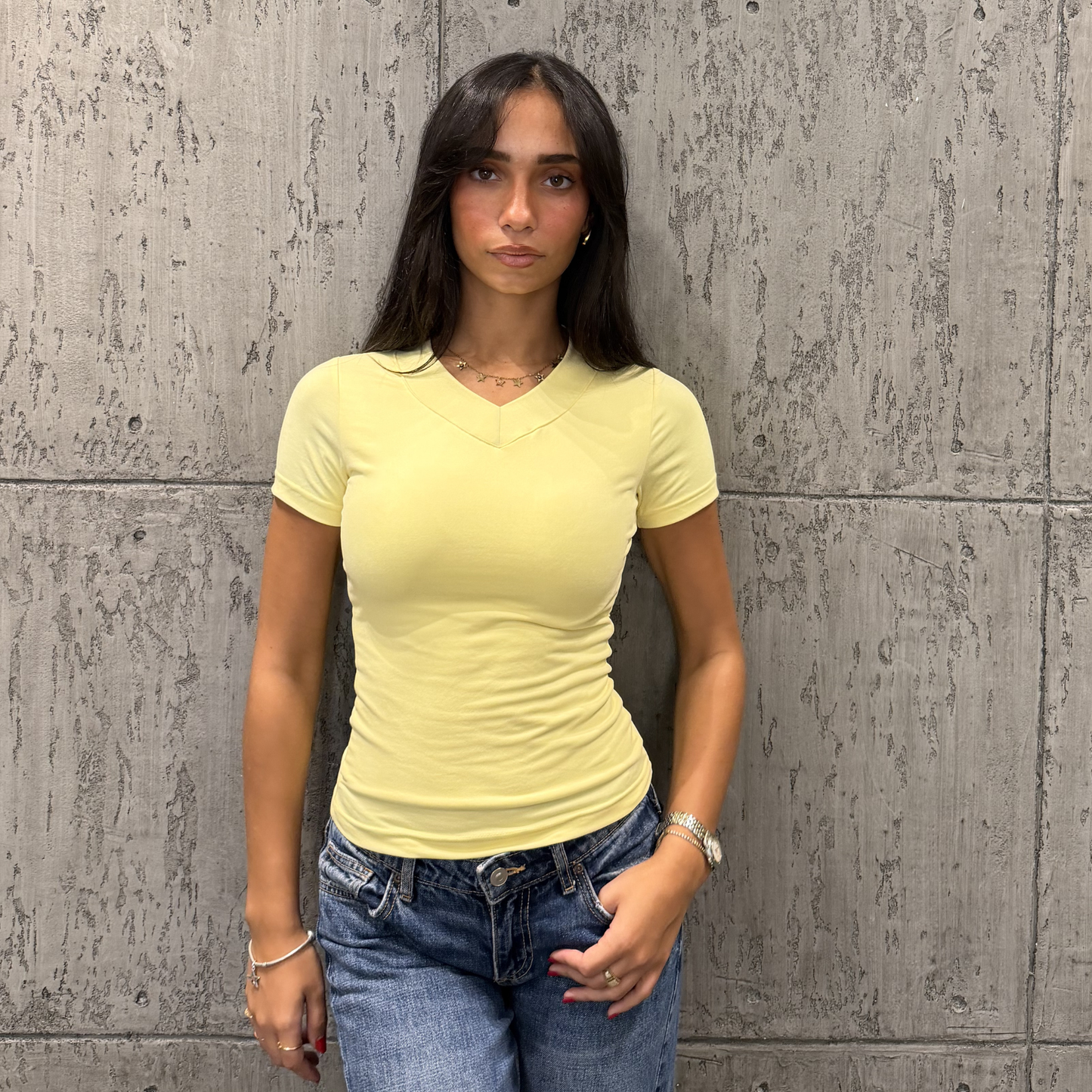 Yellow Wide V-Basic top Short sleeve