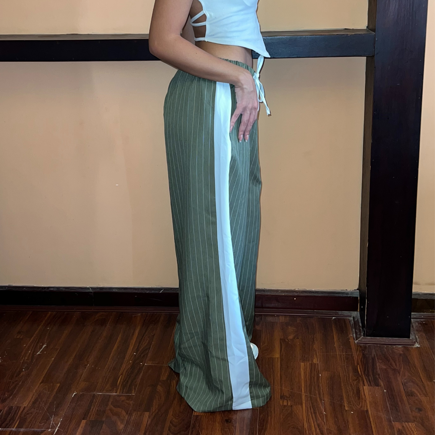 Olive Striped Wide-Leg Drawstring Pants