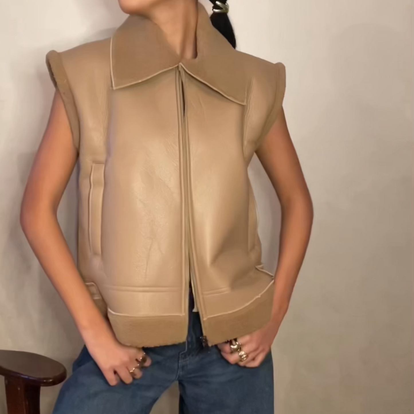 Beige Faux Leather Vest with Lining Shearling