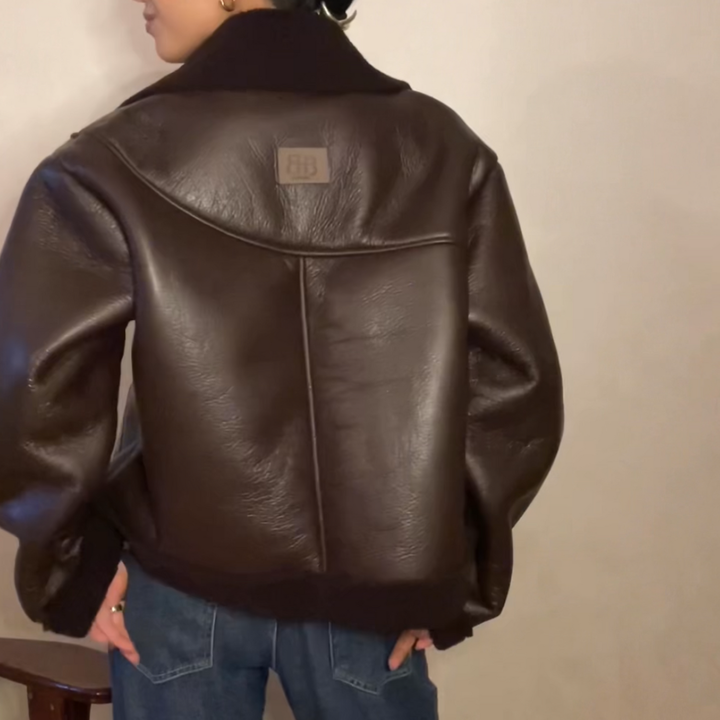 Brown Faux Leather Jacket with Lining Shearling