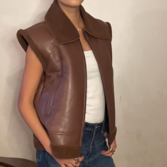 Brown Faux Leather Vest with Lining Shearling