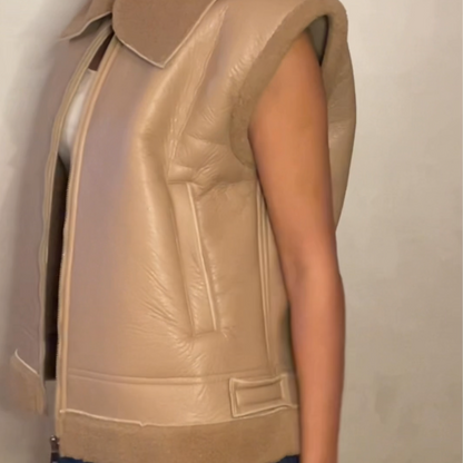 Beige Faux Leather Vest with Lining Shearling