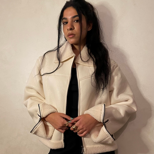 white  Faux Leather Jacket with Lining Shearling