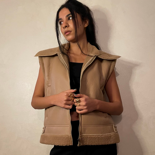 Beige Faux Leather Vest with Lining Shearling