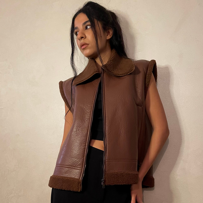 Brown Faux Leather Vest with Lining Shearling