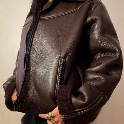 Brown Faux Leather Jacket with Lining Shearling