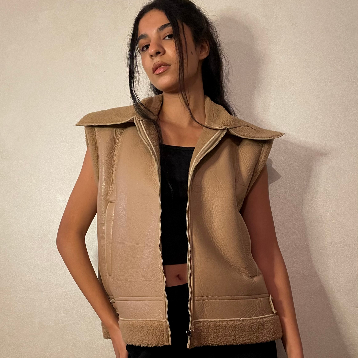 Beige Faux Leather Vest with Lining Shearling