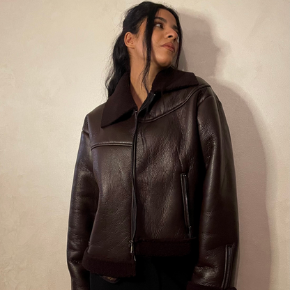 Brown Faux Leather Jacket with Lining Shearling