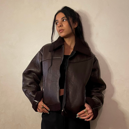 Brown Faux Leather Jacket with Lining Shearling