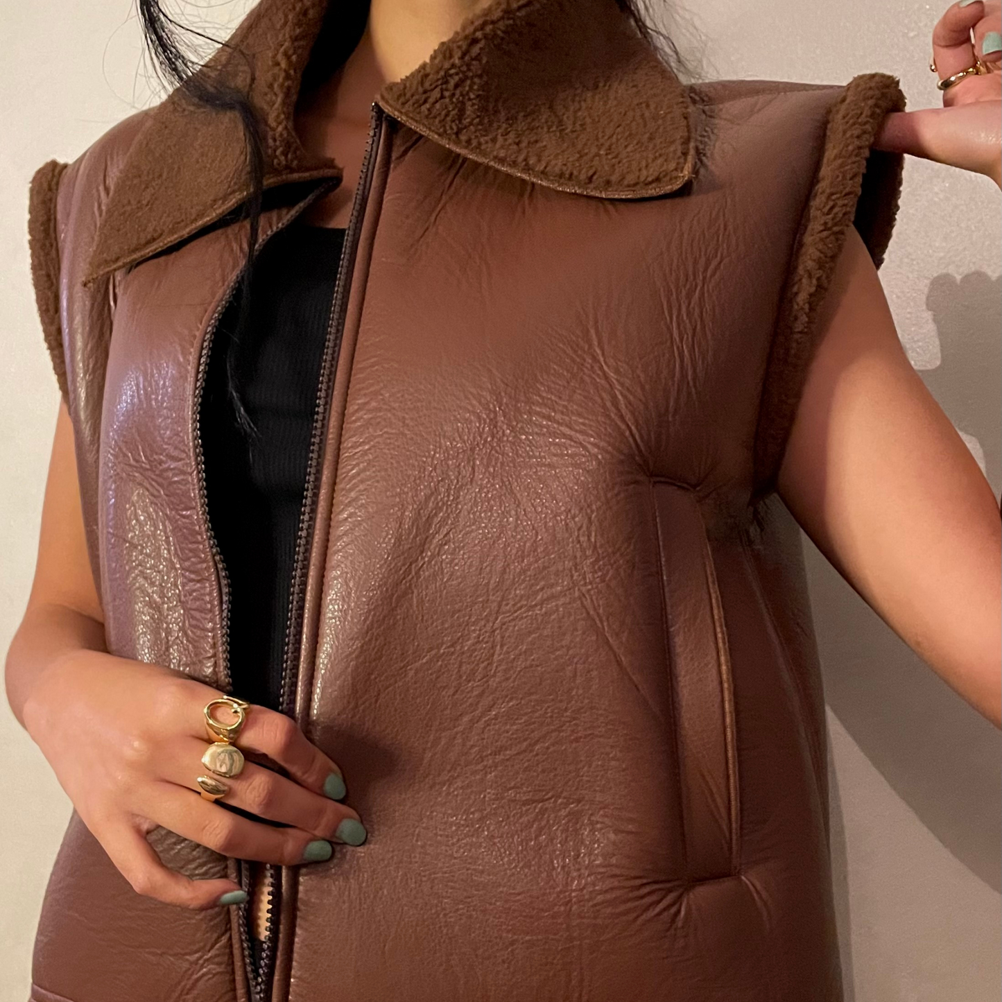 Brown Faux Leather Vest with Lining Shearling