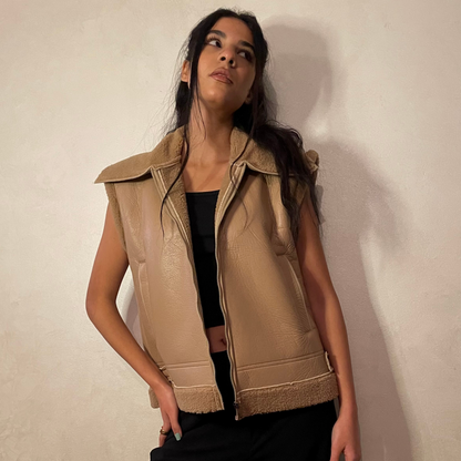 Beige Faux Leather Vest with Lining Shearling