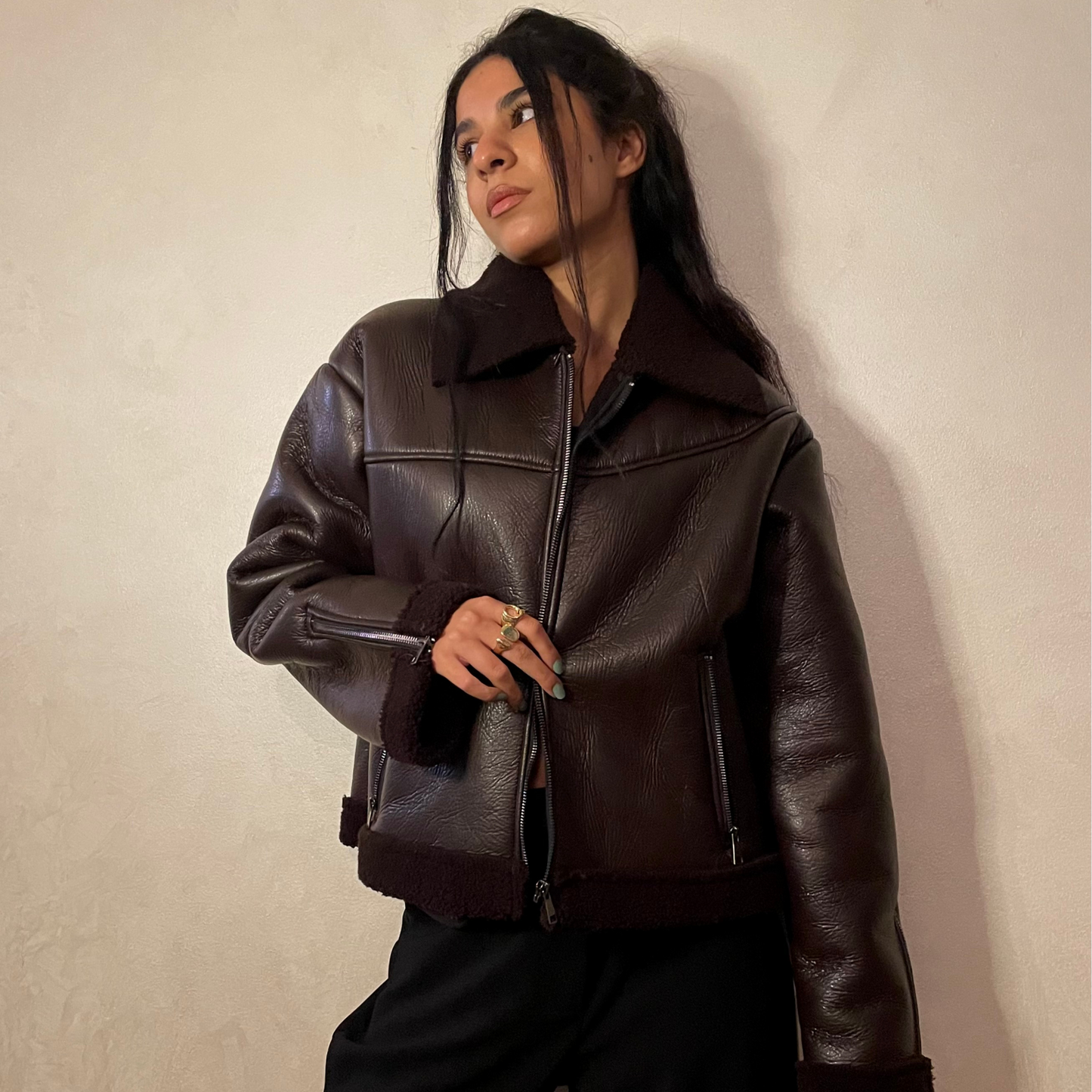 Brown Faux Leather Jacket with Lining Shearling