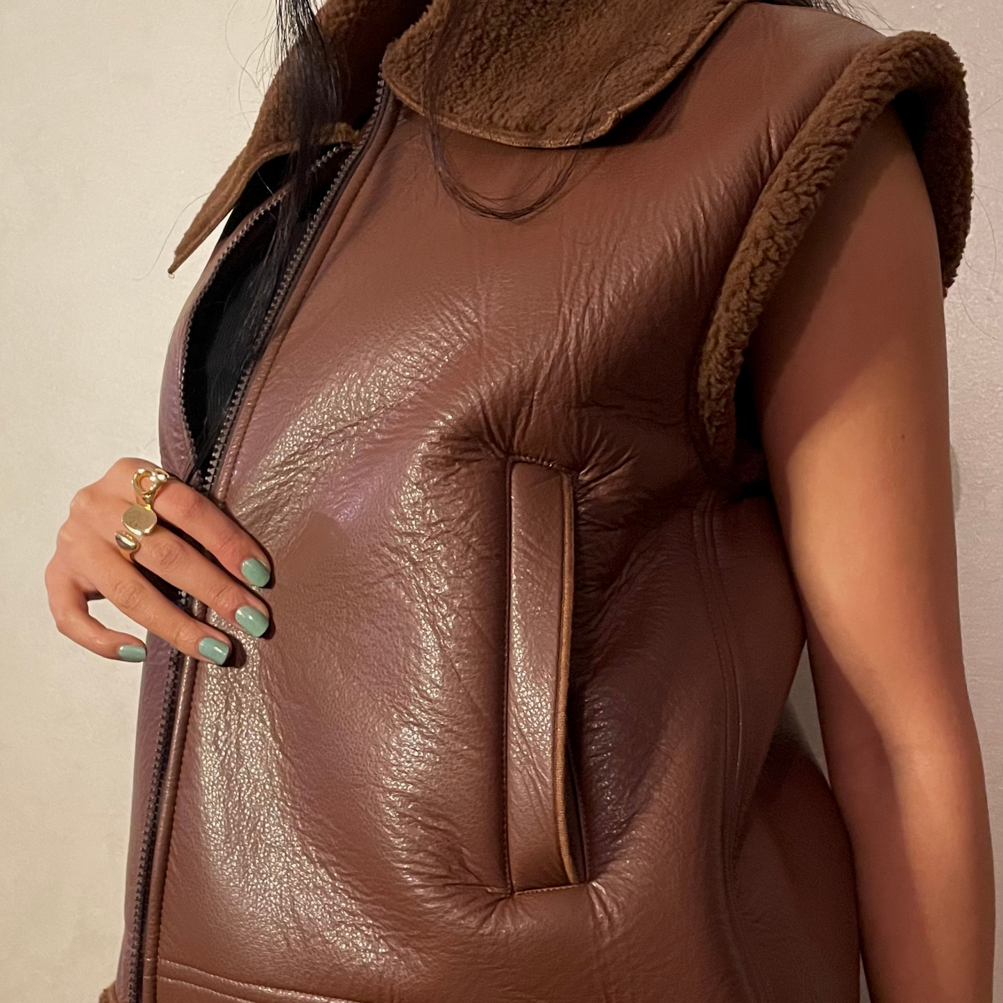 Brown Faux Leather Vest with Lining Shearling