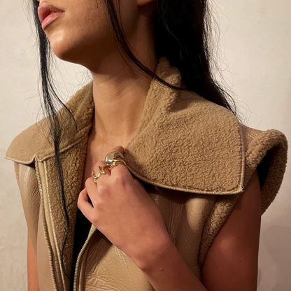 Beige Faux Leather Vest with Lining Shearling