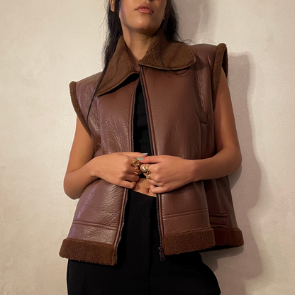 Brown Faux Leather Vest with Lining Shearling