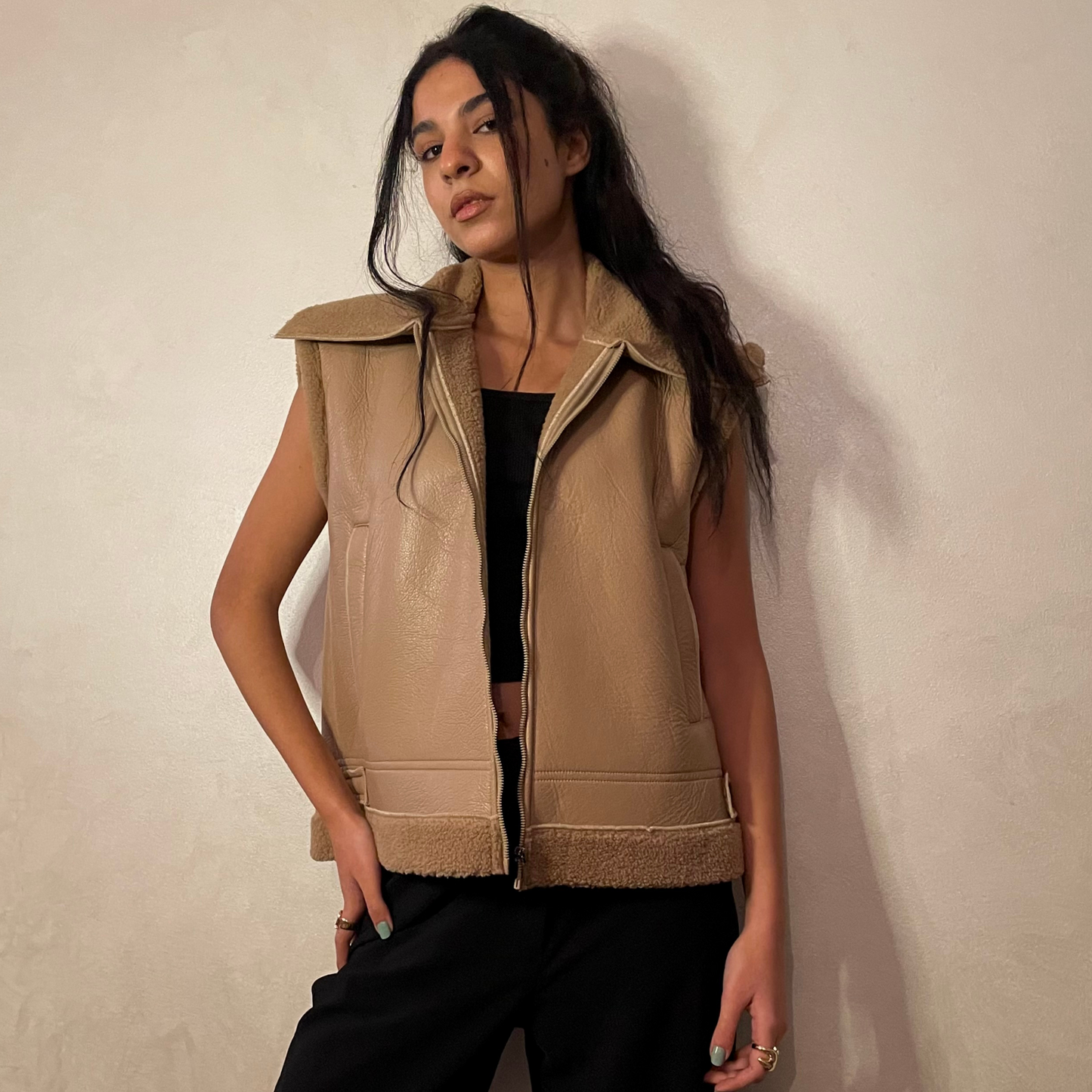 Beige Faux Leather Vest with Lining Shearling