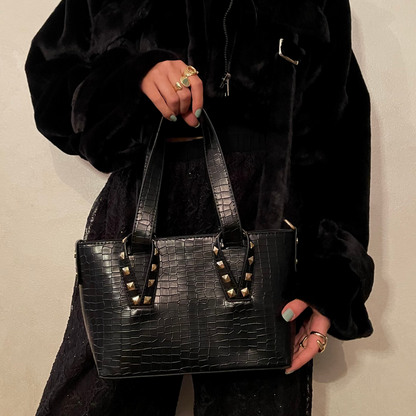 Crocodile pattern glace leather black bag