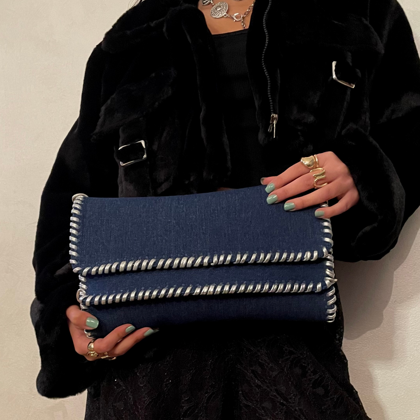 Denim clutch bag