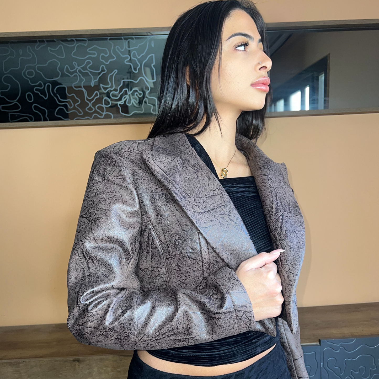 Textured Leather Cropped Blazer