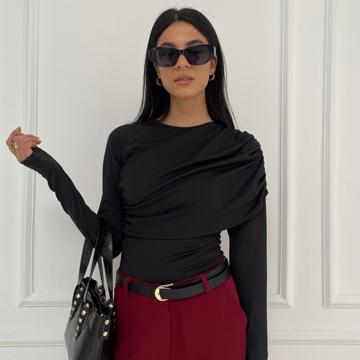 Black Long -Sleeve Ruched Top