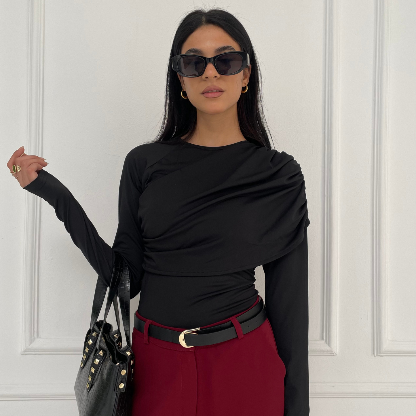 Black  Ruched Top Long -Sleeve
