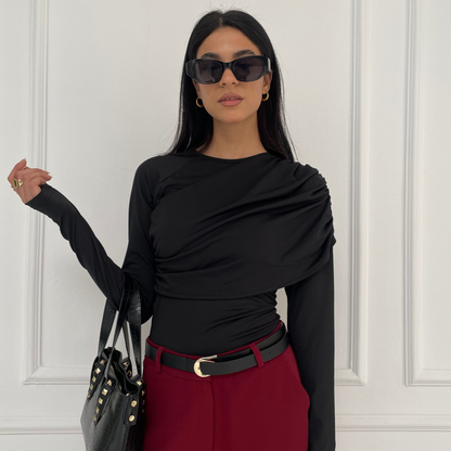 Black  Ruched Top Long -Sleeve