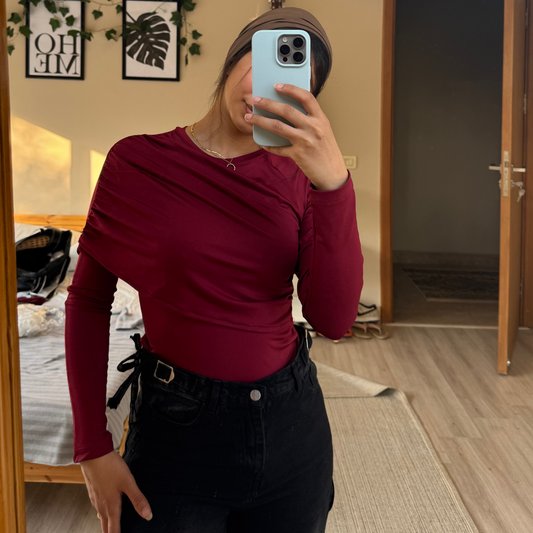 Burgundy  Ruched Top Long -Sleeve