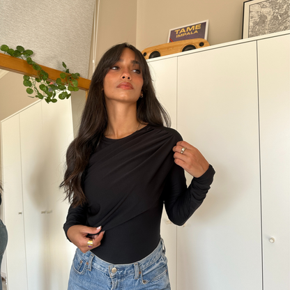 Black  Ruched Top Long -Sleeve
