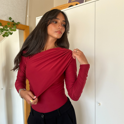 Burgundy  Ruched Top Long -Sleeve