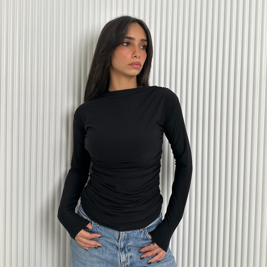 Black gathered mock-neck fitted top
