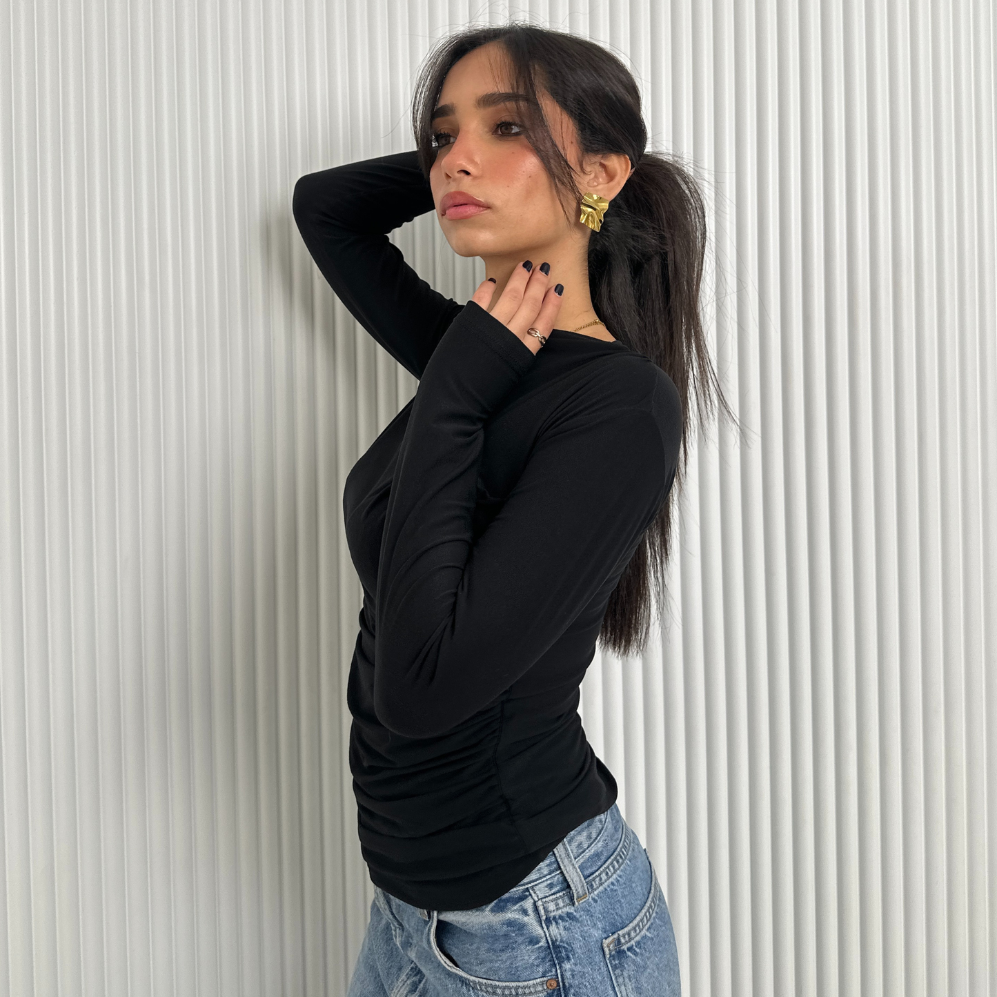 Black gathered mock-neck fitted top