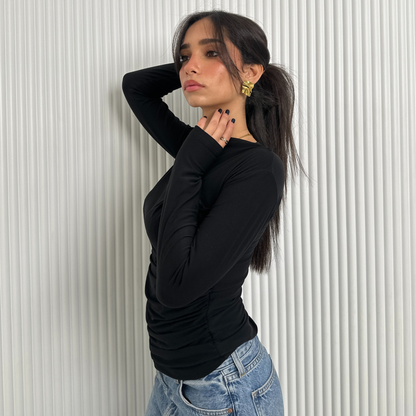 Black gathered mock-neck fitted top