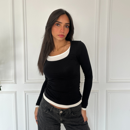 Black Long Sleeve Top with White Neckline