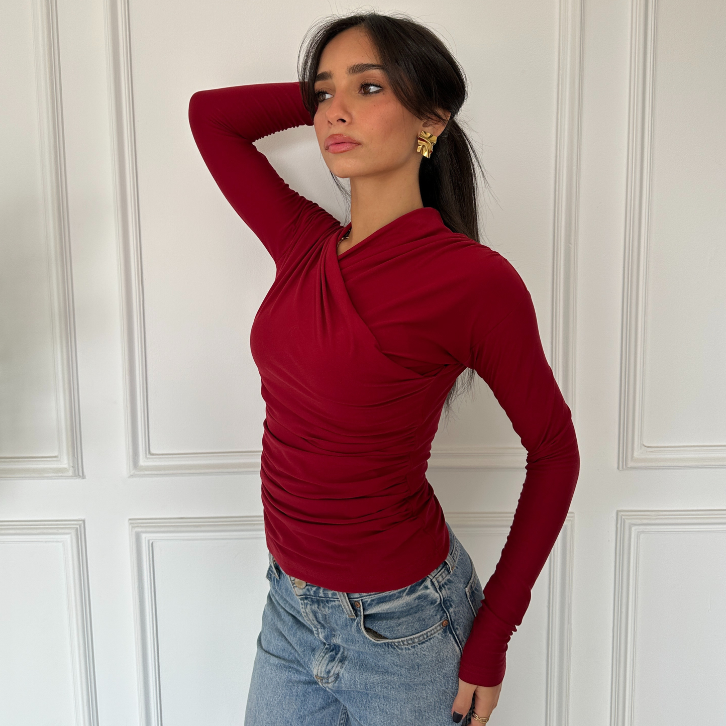 Burgundy long sleeves wrap top(NEW)