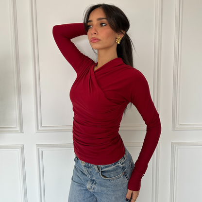 Burgundy long sleeves wrap top(NEW)