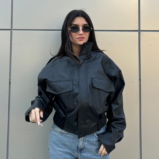 Collared Oversized Black Leather Jacket