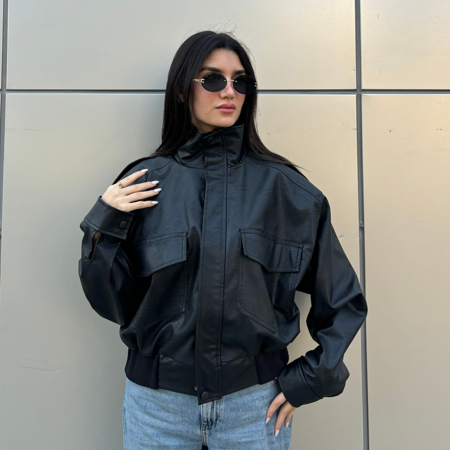 Collared Oversized Black Leather Jacket